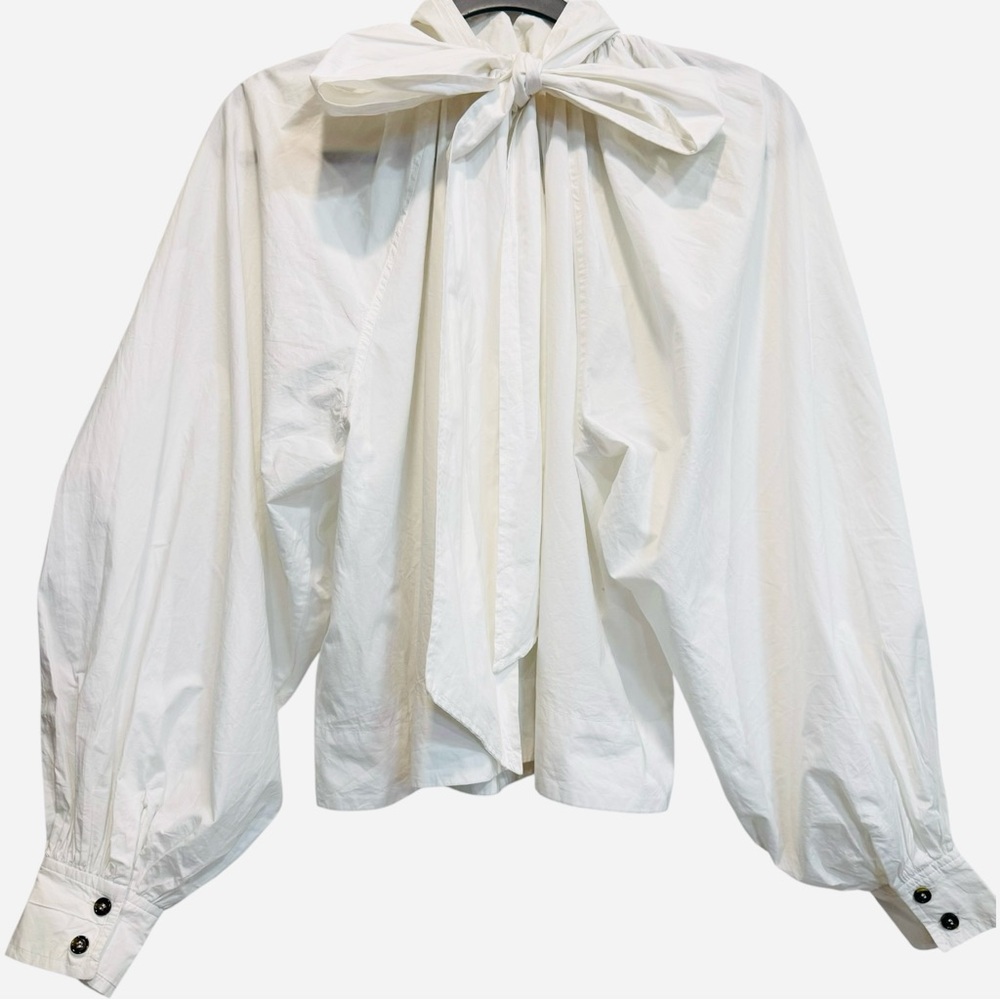 NWT GANNI High Neck White Cotton Crisp Boxy Poplin Bow Blouse Size 34 / XS - Picture 4 of 8